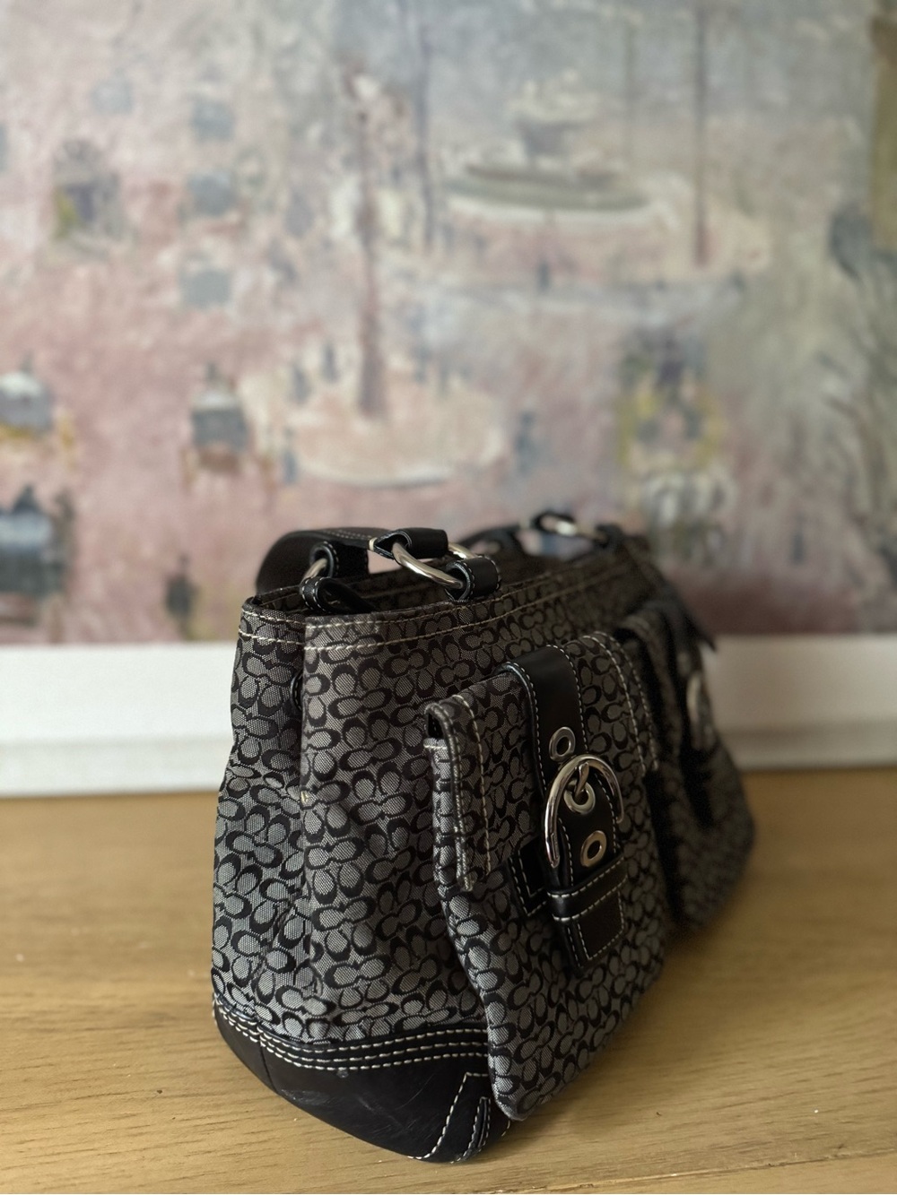 COACH Soho Hobo Signature Black Leather Grey Canvas - Y2K - Picture 2 of 9